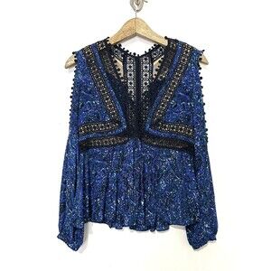 Rebecca Taylor Silk Top Blouse Sz 2 Blue Lace Festival Floral Fairy Grunge
